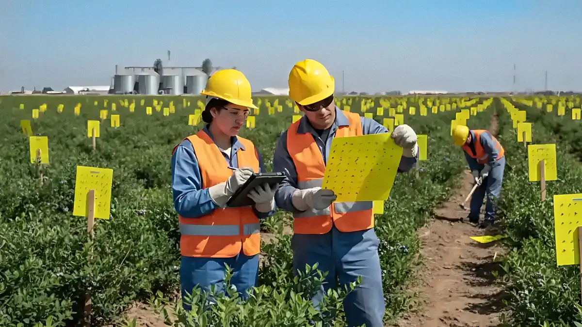 Técnico especialista en MIP revisando estación de monitoreo en planta agroindustrial en Trujillo.