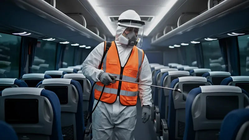 Técnico aplicando protocolo anti-chinches en un bus de transporte interprovincial en Trujillo.