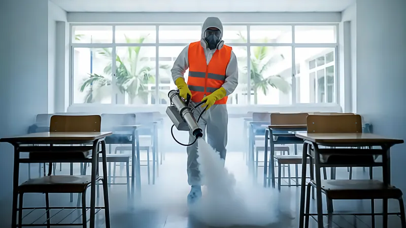 Técnico aplicando un protocolo de saneamiento seguro y de baja toxicidad en un aula de colegio en Trujillo.