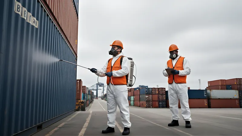Técnico ejecutando una fumigación de contenedor marítimo autorizada por SENASA en la zona portuaria de Trujillo (Salaverry/Paita).