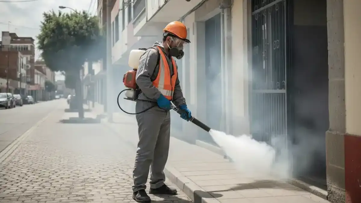 Técnico aplicando termonebulización (humo caliente) en un colegio de Trujillo para la fumigación contra el dengue.