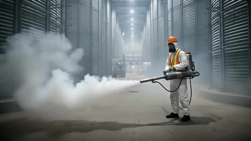 Técnico aplicando termonebulización industrial (humo caliente) en el perímetro de una planta en Trujillo.