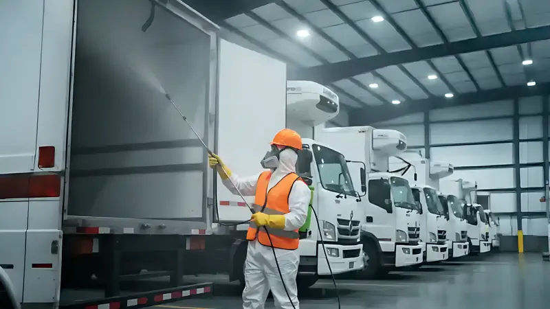 Técnico aplicando nebulización ULV para desinfección de un furgón de transporte de alimentos en Trujillo.