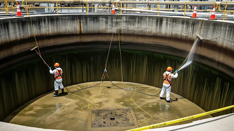 Equipo técnico realizando limpieza y desinfección de tanque industrial de agua en Trujillo.
