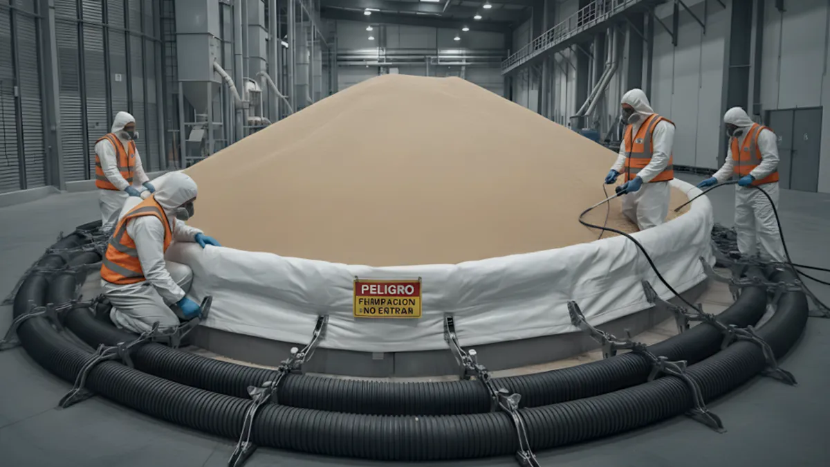 Técnico aplicando tratamiento fitosanitario de fumigación con fosfuro de aluminio en almacén de granos en Trujillo.