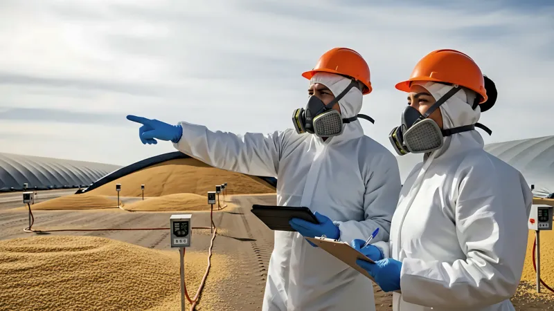 Un técnico experto en IPA inspeccionando granos almacenados en busca de gorgojos en un almacén de Trujillo.